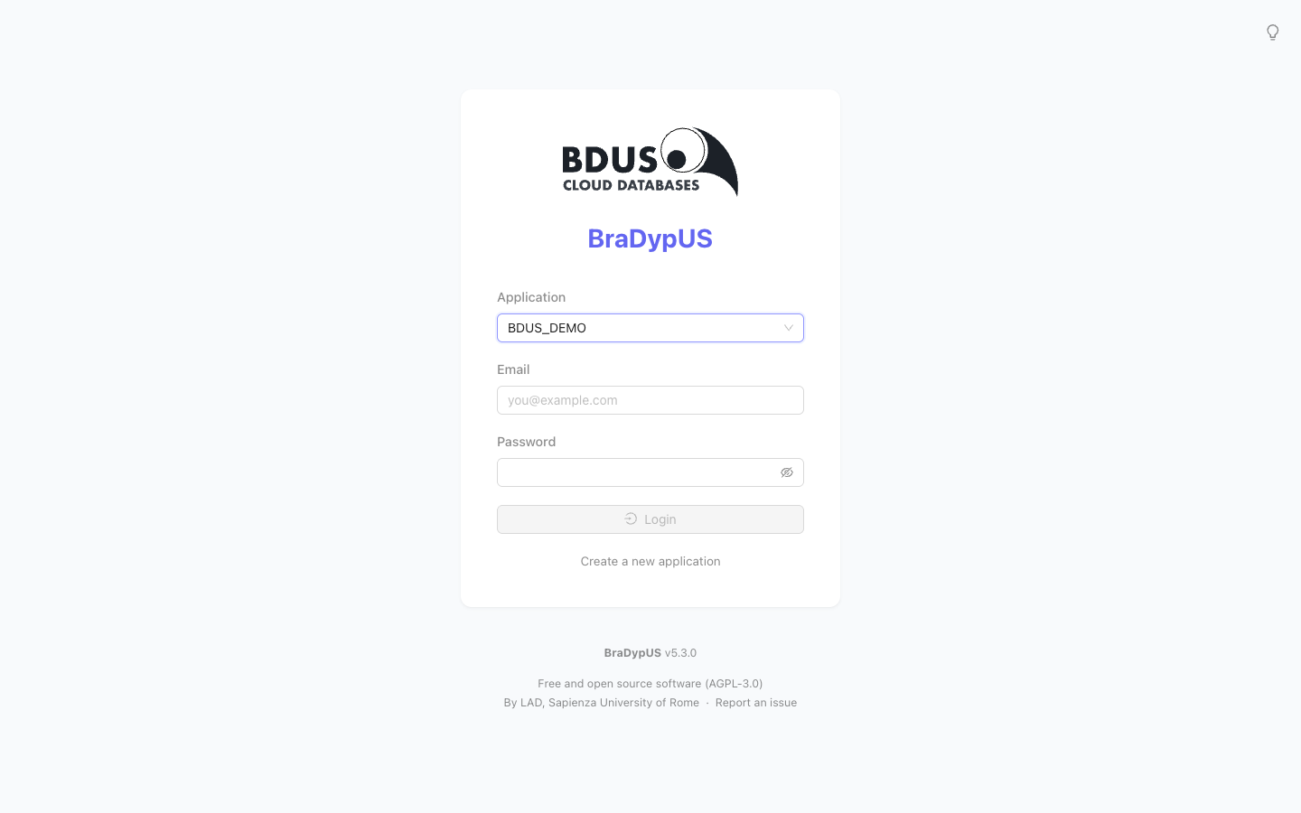 Login page with the 'Create new application' link visible