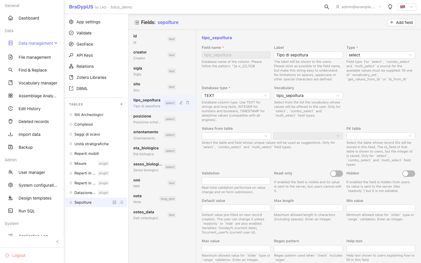 Fields panel with field list on the left and field form on the right