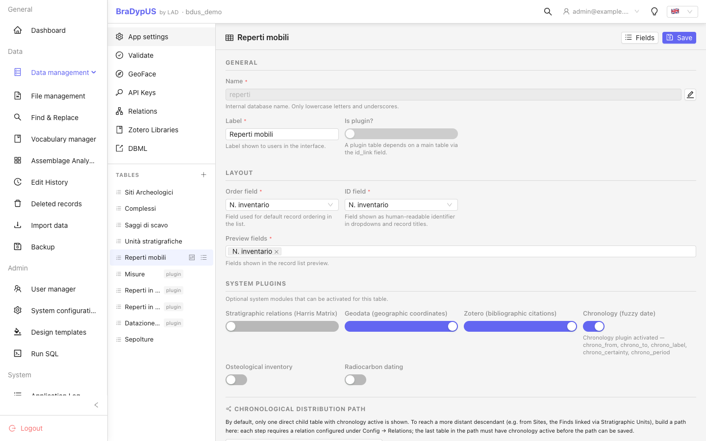 Table settings panel with preview fields and plugin tables configured