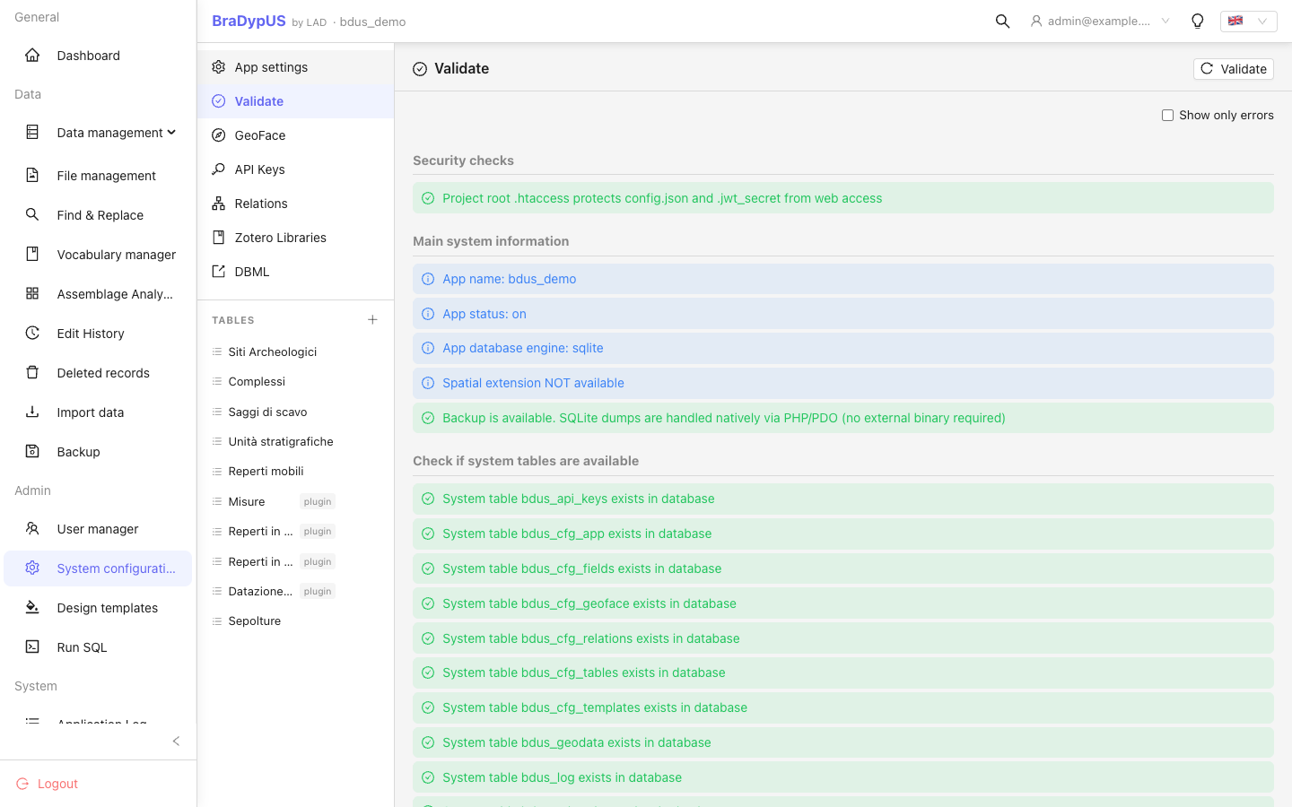 Validation panel showing a list of checks with green/red status badges
