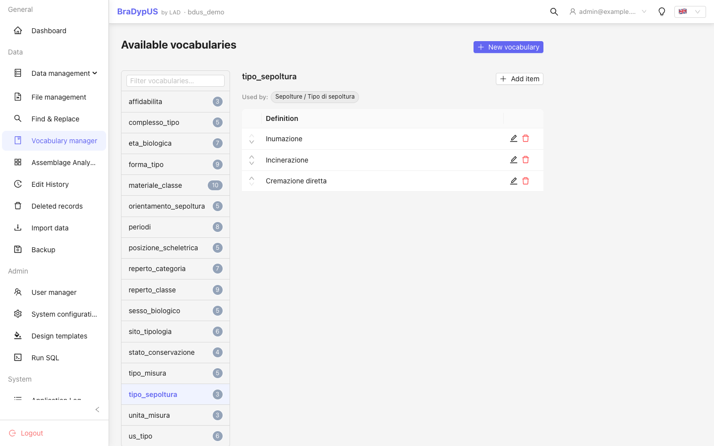 VocabulariesView showing a list selector and the values for the selected list