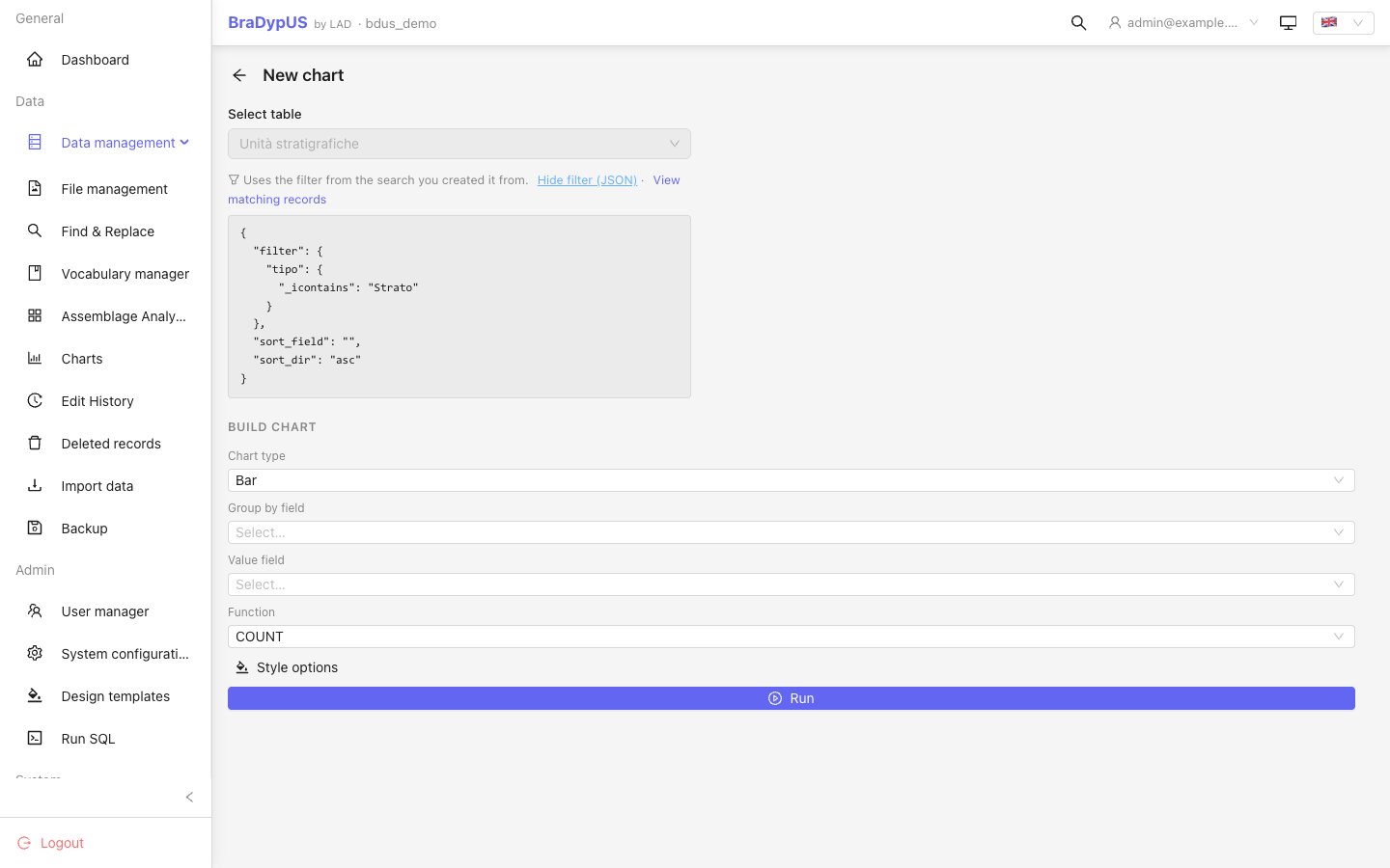The wizard opened from a search: the table is locked, a note confirms the chart uses that search's filter, and the filter itself is shown as JSON