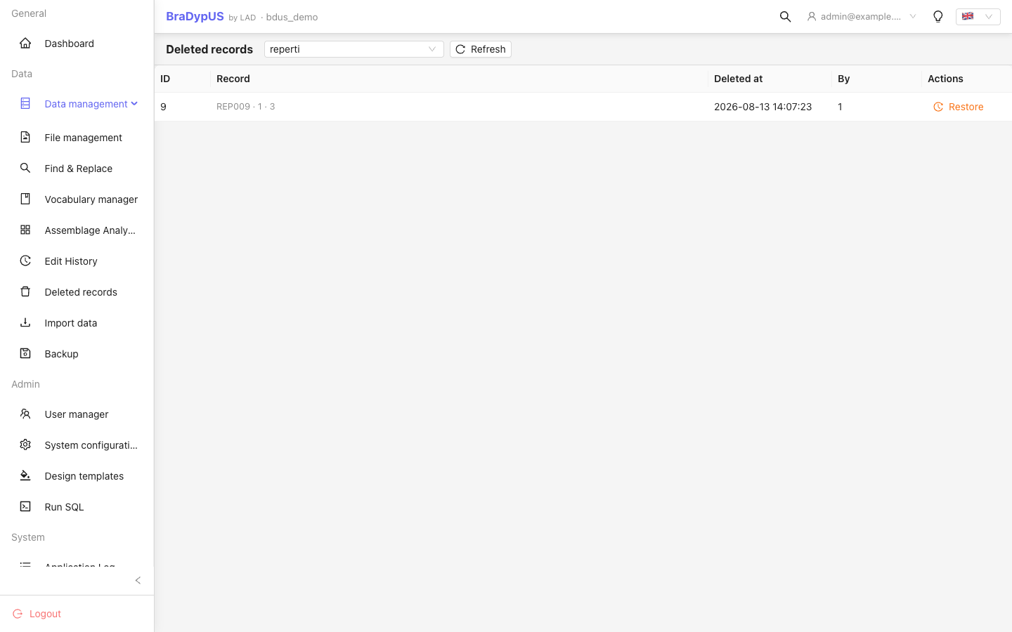 DeletedRecordsView with a table selector at the top and a list of deleted records below