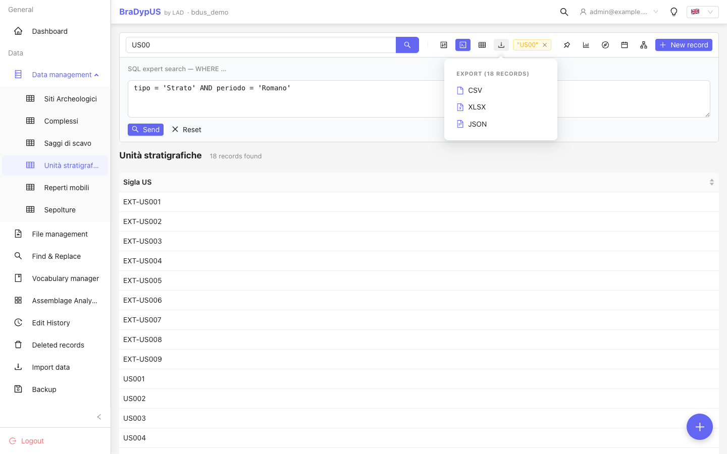 DataView toolbar with the Export button highlighted and the format dropdown open