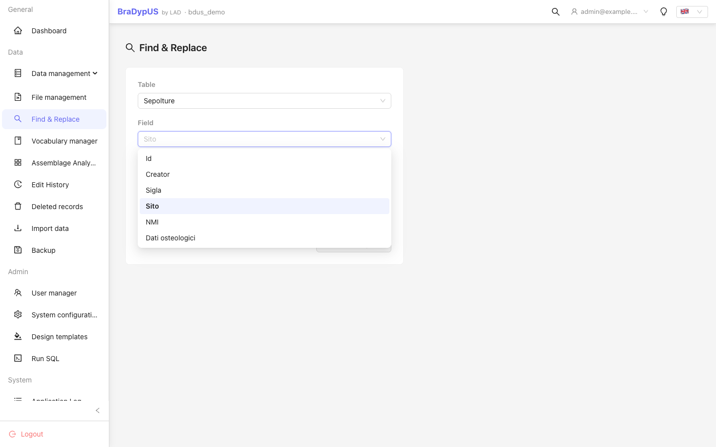 SearchReplaceView with table selector, field selector, and find/replace fields