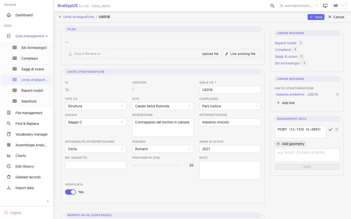 The Geographic data section of a record in edit mode: an edited WKT field with its save and delete buttons, and the Add geometry box open
