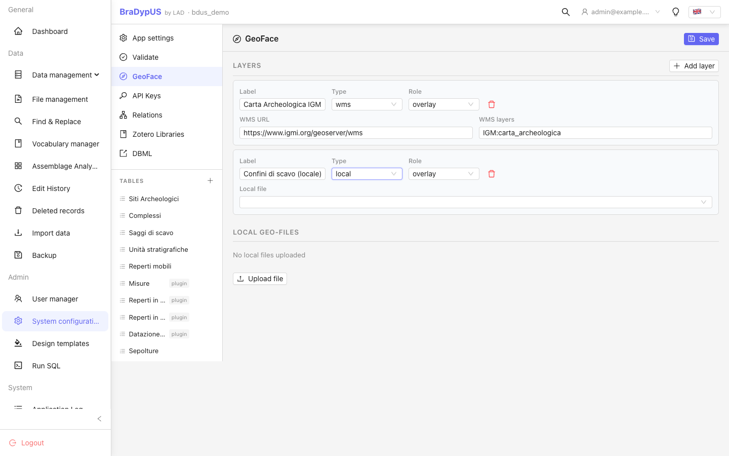 Geoface config panel showing a list of configured layers with type (WMS/WFS/local) and URL