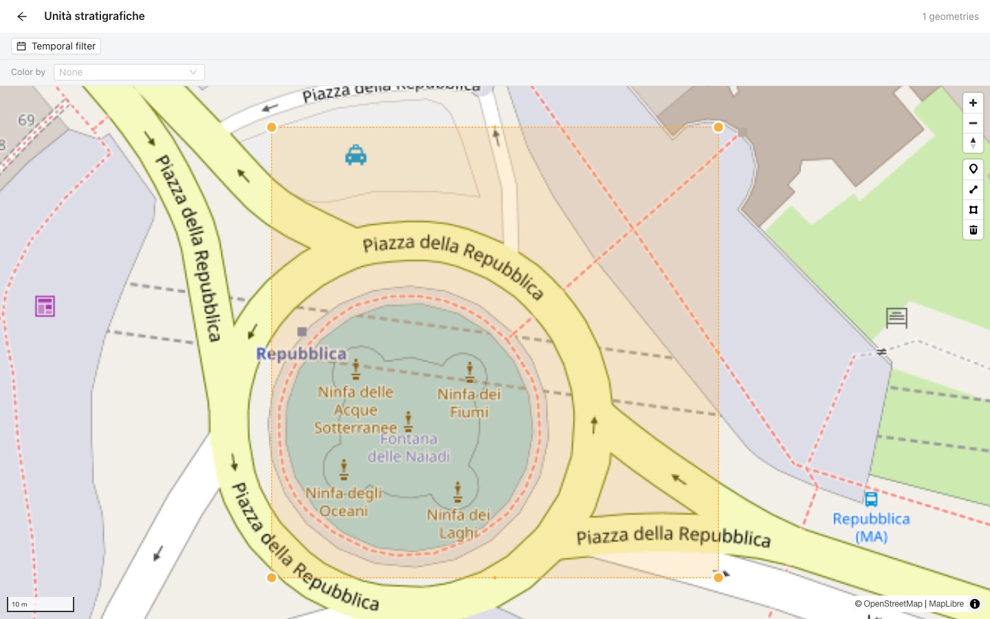 A polygon in edit mode on the map, with a draggable handle on each vertex
