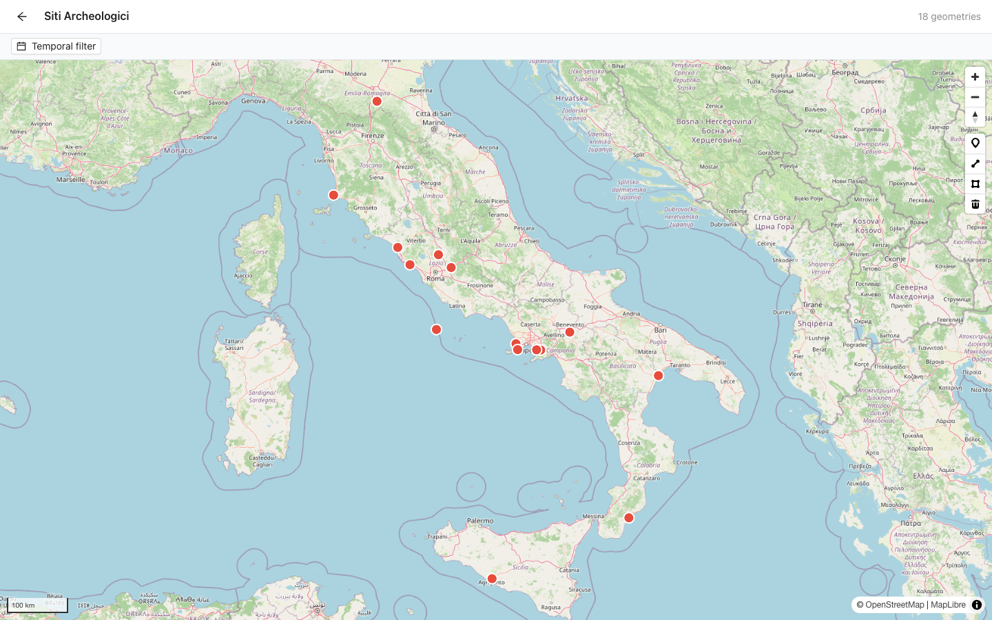 GeoFace map view showing a basemap with point markers for records