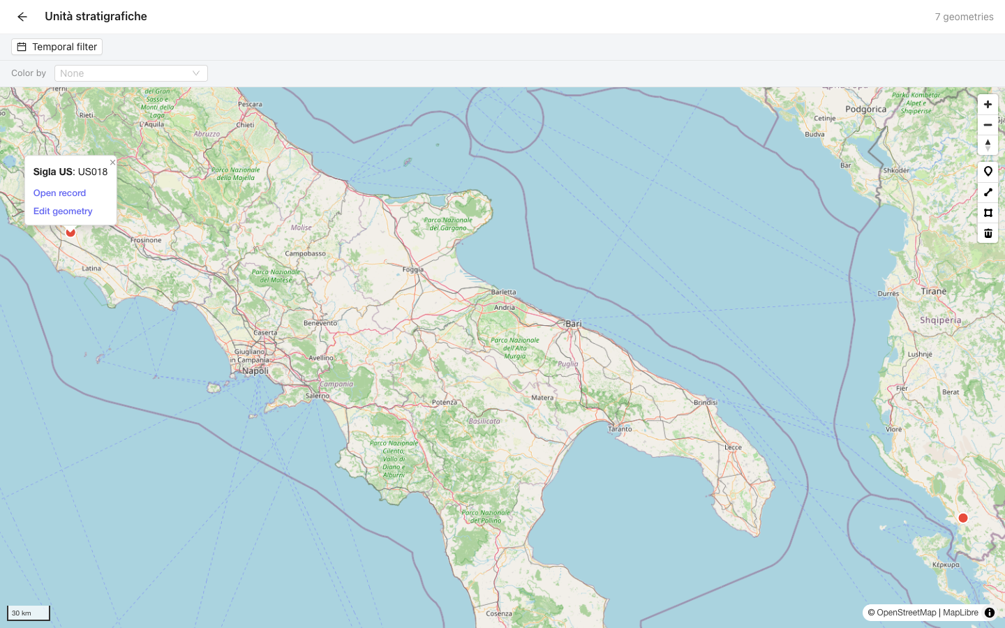 A GeoFace popup showing a record's preview field, an "Open record" link and an "Edit geometry" link