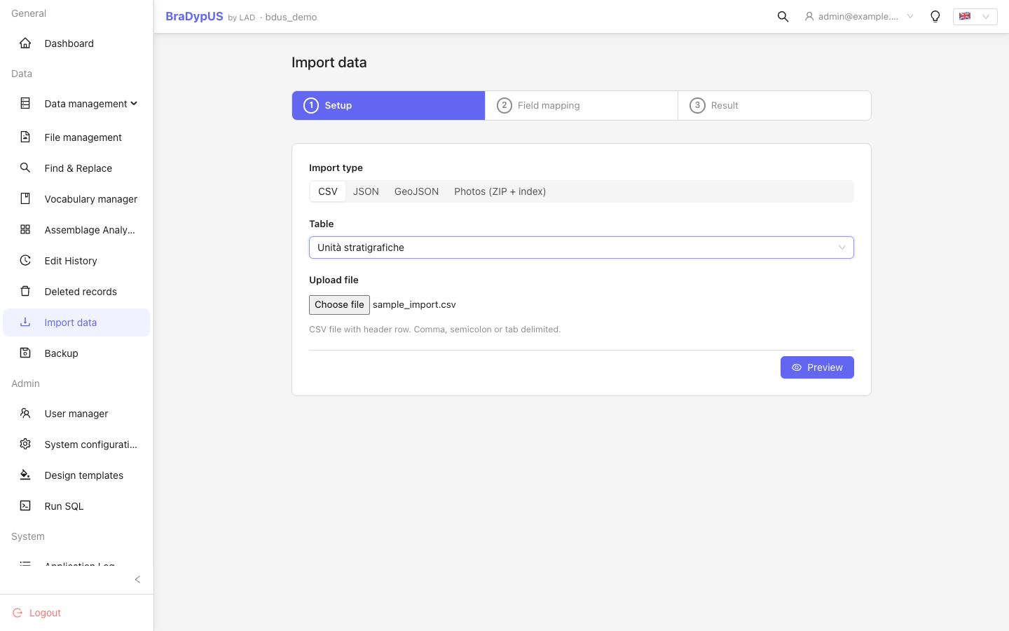 ImportView showing the file upload area and table selector
