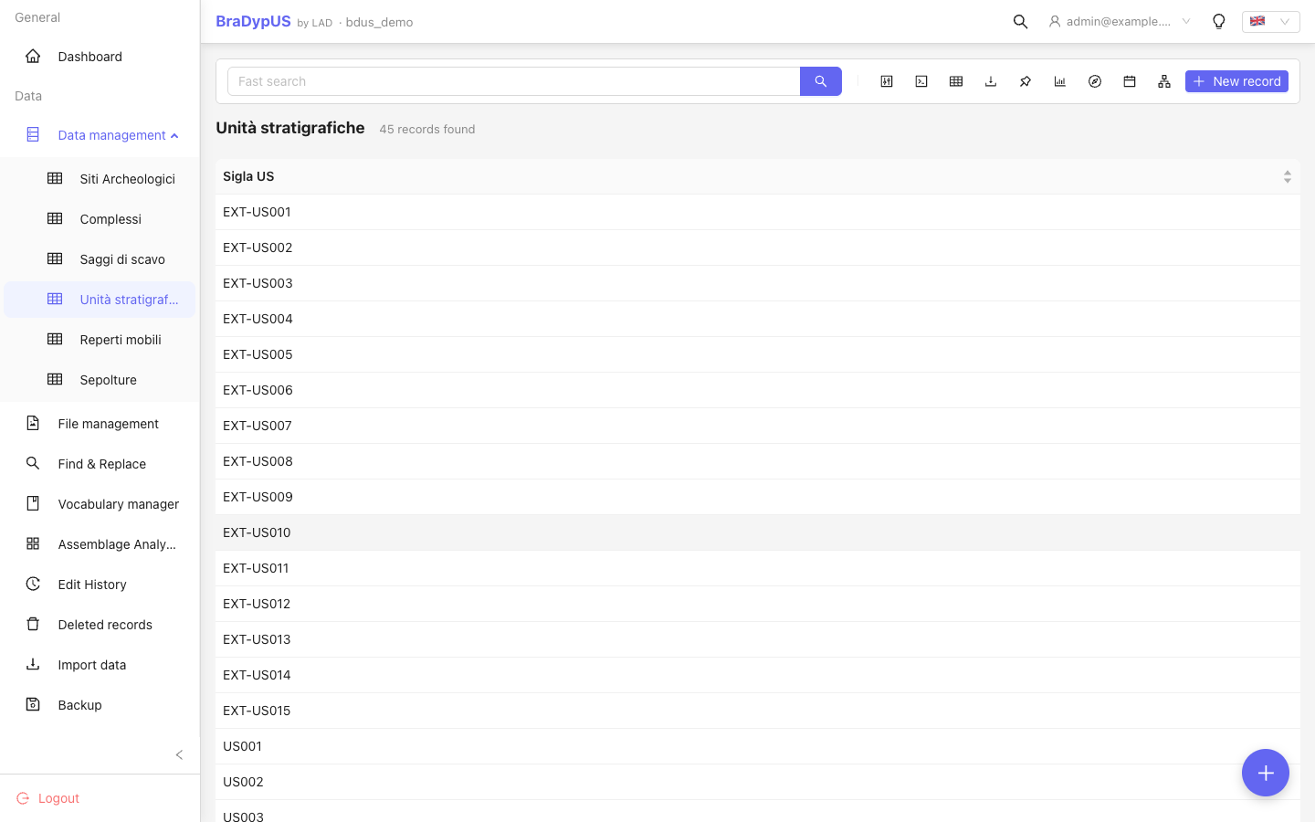 Full application layout with sidebar open, showing navigation groups and active table selector