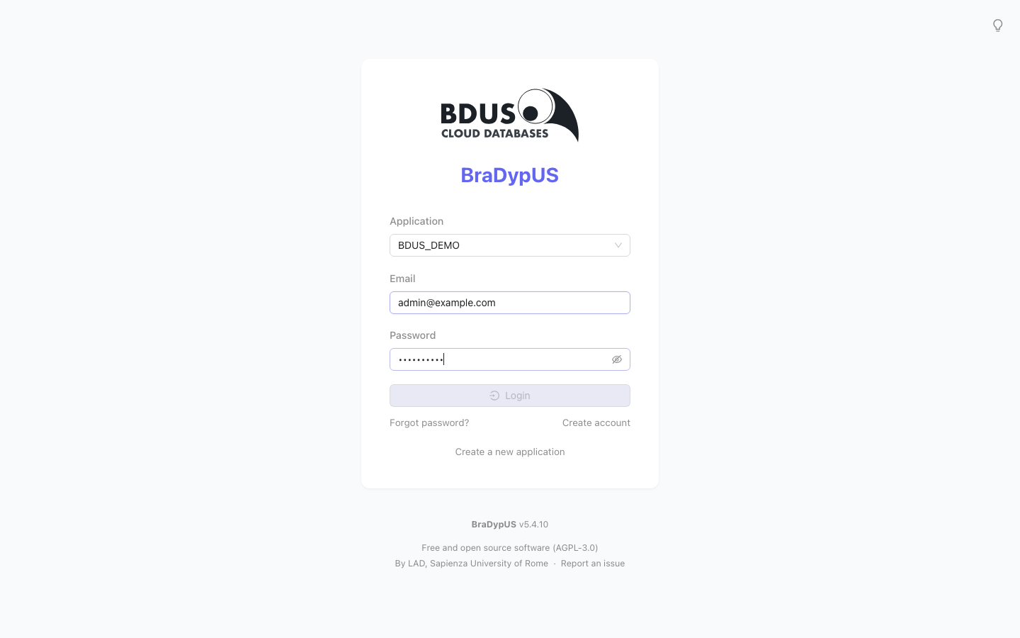 Login form with email and password fields, and the Forgot password? / Create account links below the Login button