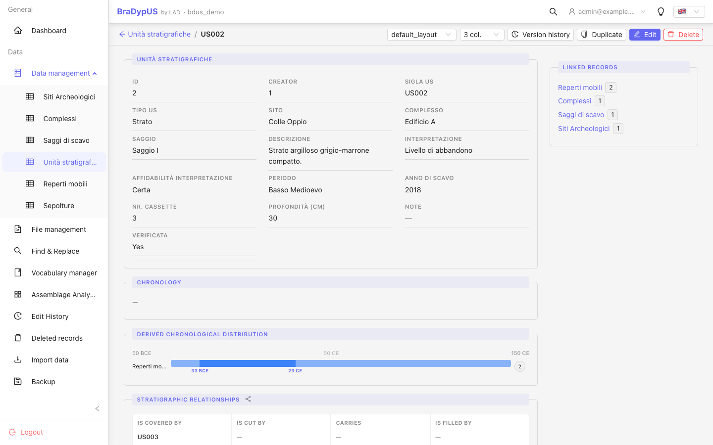RecordView showing a record with field values, a file gallery, and an RS panel