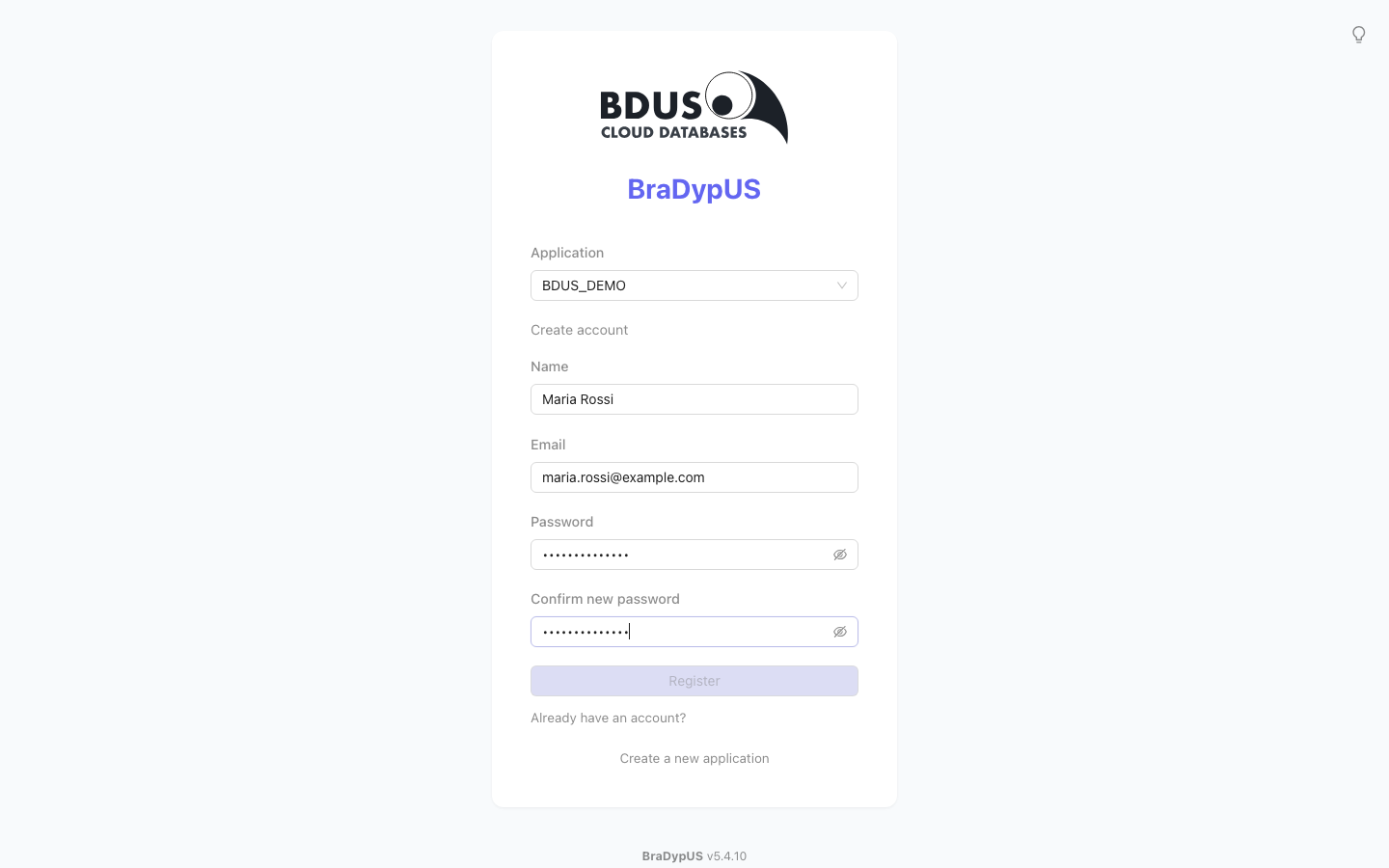 Create account form with name, email, password and confirm password fields
