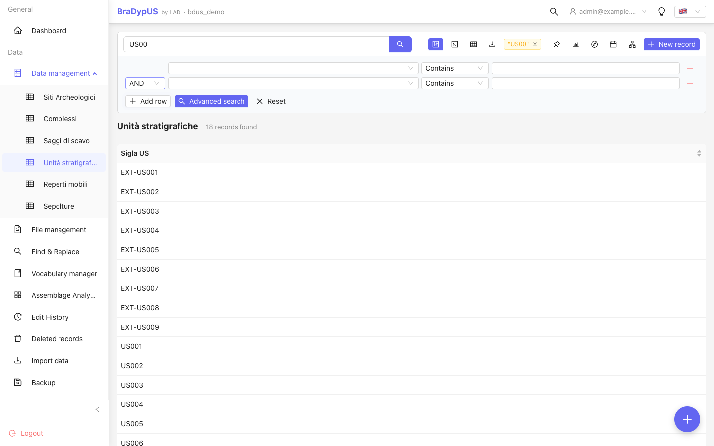 Advanced search panel with two filter rows visible, each with a field dropdown and operator