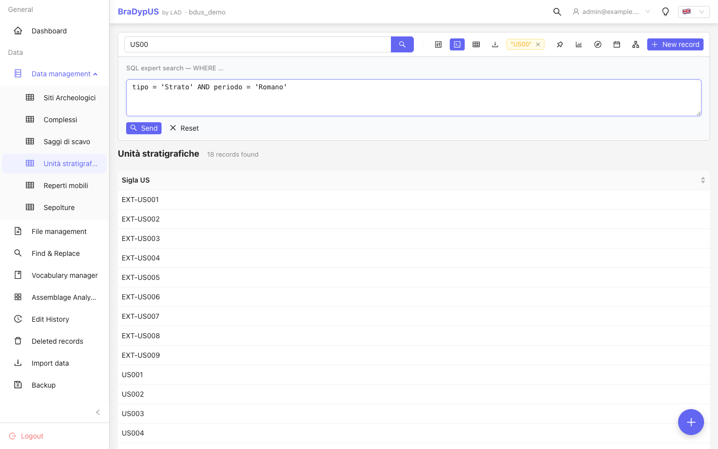 SQL expert search panel with a raw SQL clause typed in the input box