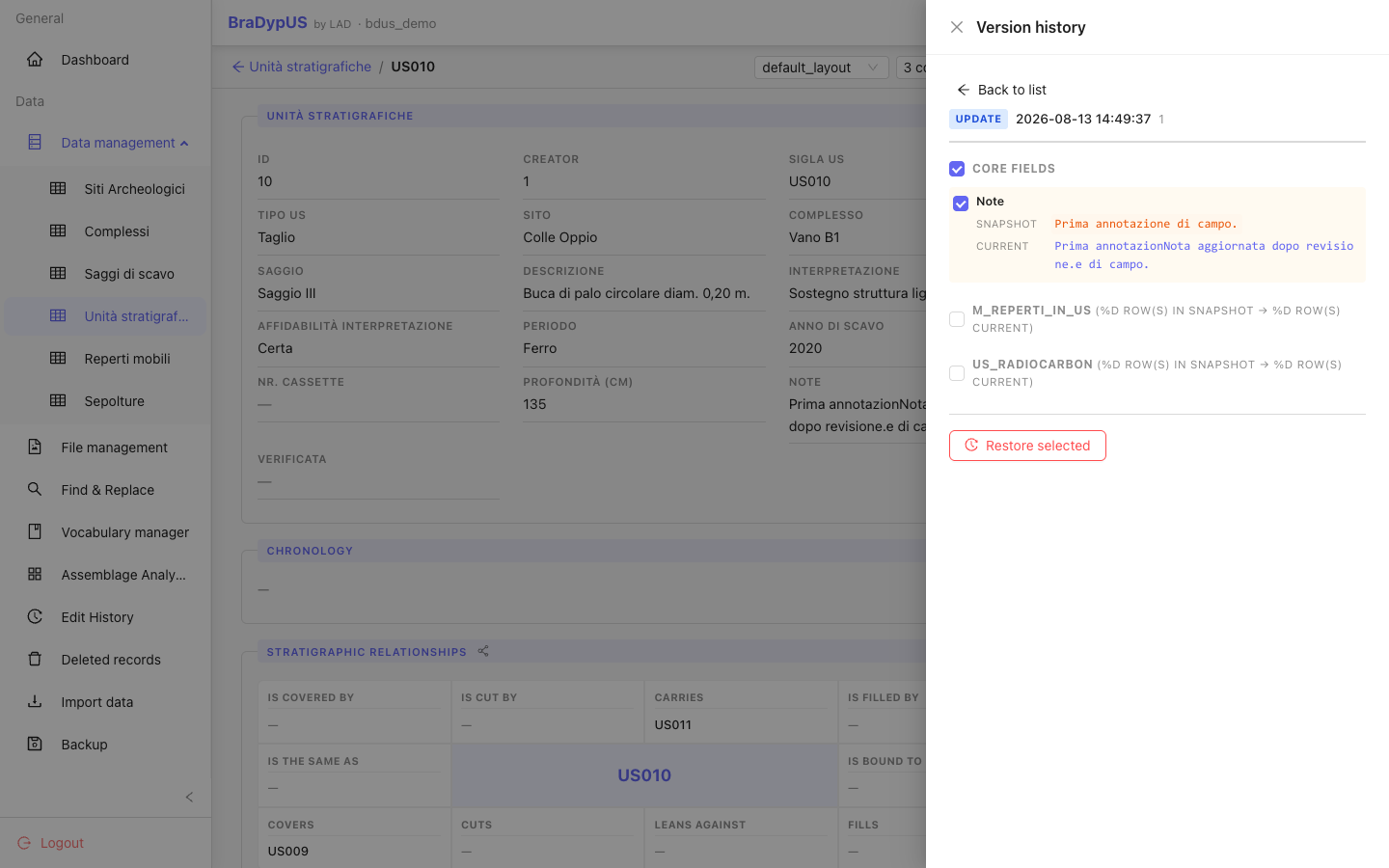 Version history diff view showing changed fields in colour and unchanged fields greyed out