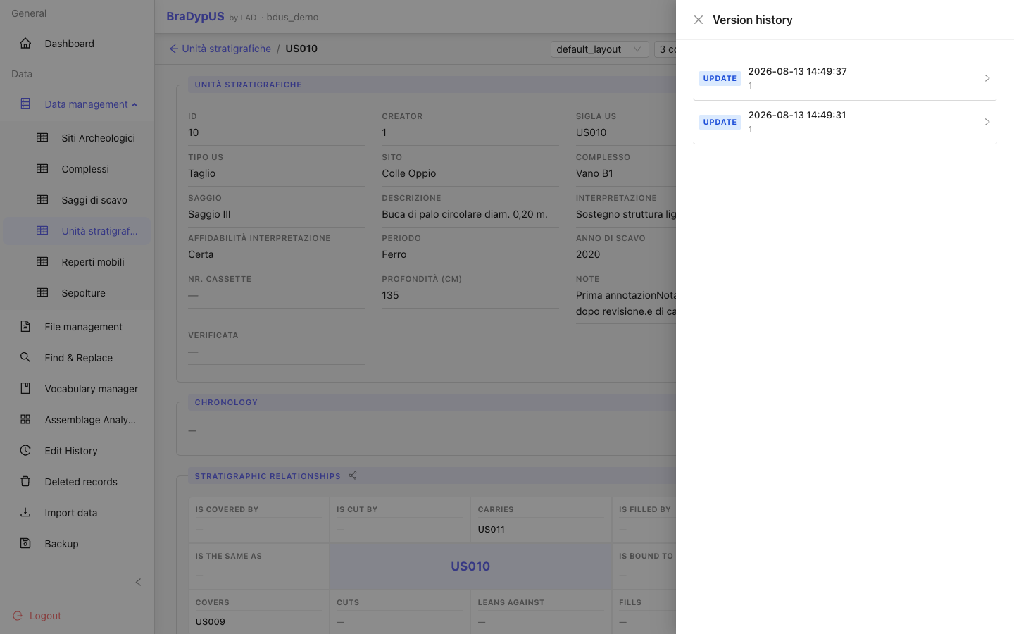 Version history drawer showing a list of snapshots with operation badge, timestamp and user