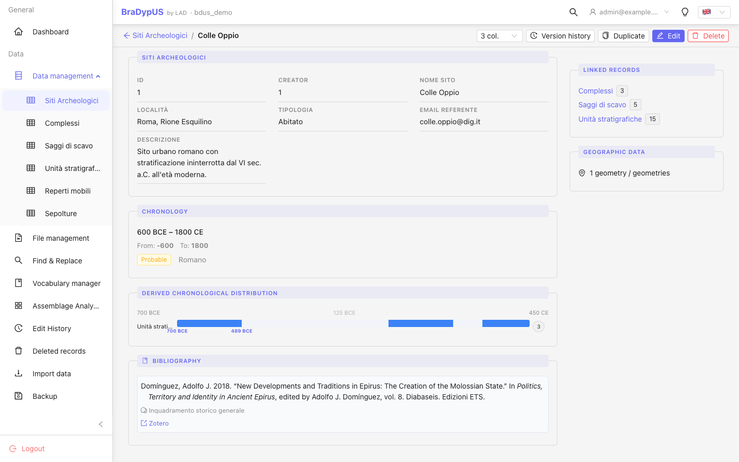 ZoteroSection inside RecordView showing attached citations with formatted bibliography strings and a search panel